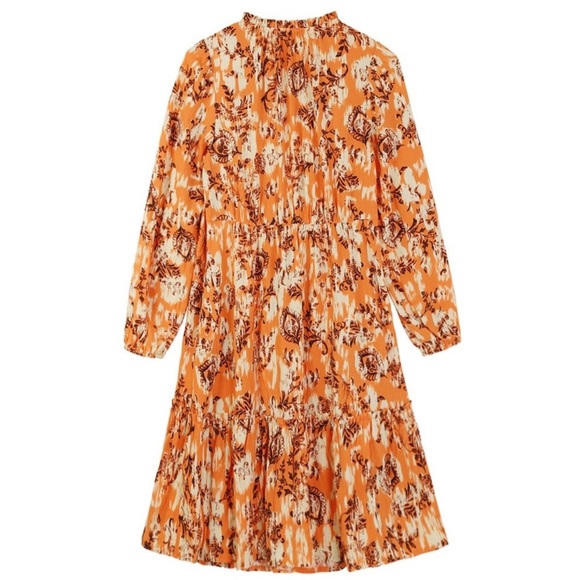 Frye Ruffle Neck Button Front Orange Floral Long Sleeve Mini Dress Size M - Picture 6 of 9